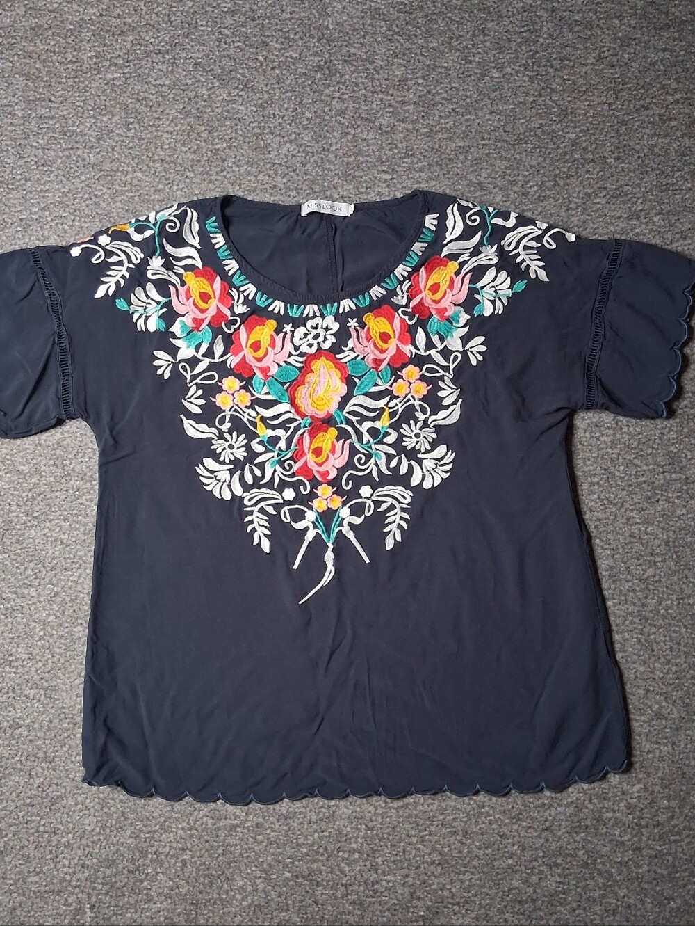 MISSLOOK Women’s Blouse XL Dark Blue Floral Embroidered Polyester Boho